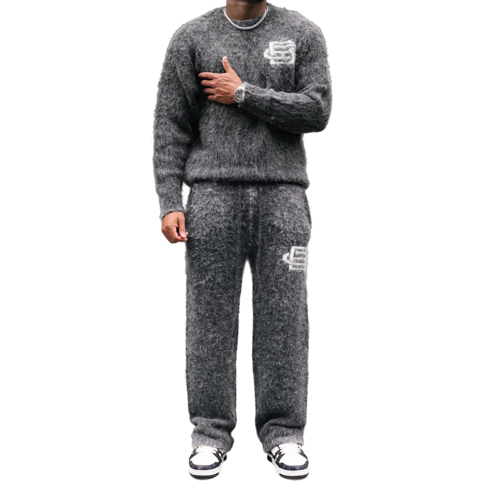 Front View of Bénir Clothing Mohair Knit BC Charcoal Sweatpants MOJOGCHAR